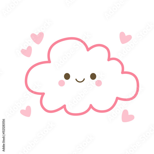 Cartoon-style pink cloud with rosy cheeks and floating hearts.
Ideal for baby shower graphics, greeting cards, and kawaii illustrations.