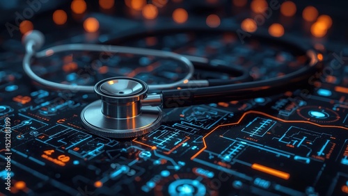 High-res digital art of a shiny metallic stethoscope on a glowing futuristic medical interface. Blue and orange data grids and warm bokeh lights create a modern healthcare tech scene.

