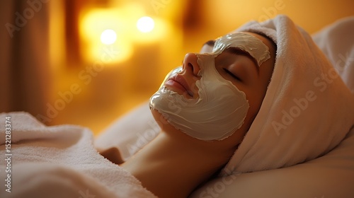 Woman relaxing with facial mask at spa for skincare treatment and wellness routine for glowing skin