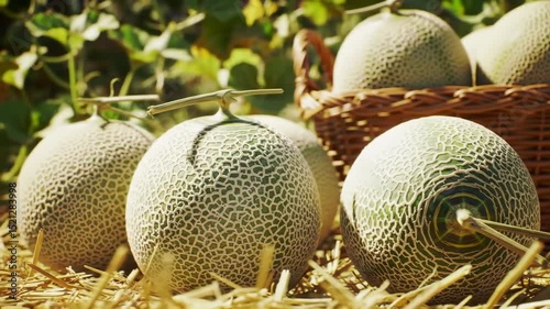 Rustic cantaloupe harvest on straw with cinematic orbit, tilt, and zoom, warm sunlit scene