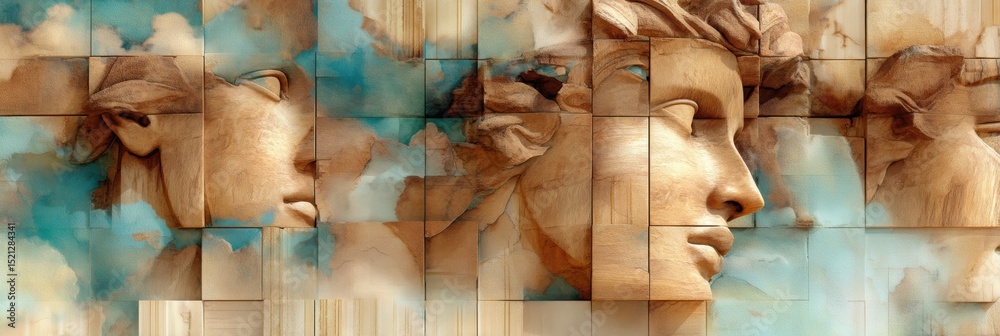 Fototapeta premium stone mosaic panel with ancient ruins softly blurred behind