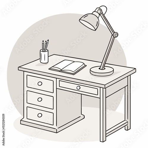 Minimalistic desk with a lamp and stationery in a clean design