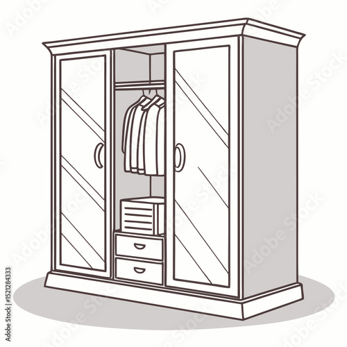 Elegant wardrobe with mirrored doors and clothes in a classic design