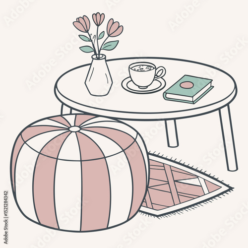 Cozy living room setup with a coffee table, pouf, and flowers in a modern style
