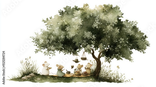 Fototapeta Naklejka Na Ścianę i Meble -  storybook illustration of a family of mice having a picnic under a tree, isolated on white background