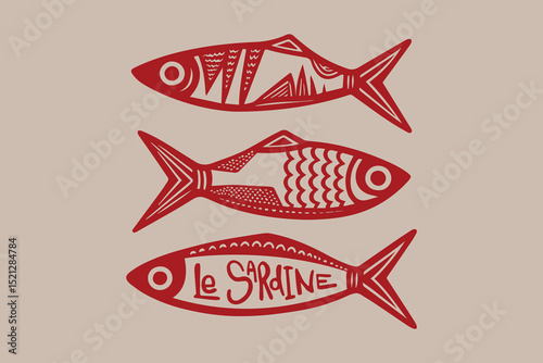 Red Hand-Drawn Sardine Illustration Trio with "Le Sardine" Text – Whimsical Fish Design for Packaging, Posters, Coastal Decor, or Branding with Folk Art Style and Playful Nautical Aesthetic