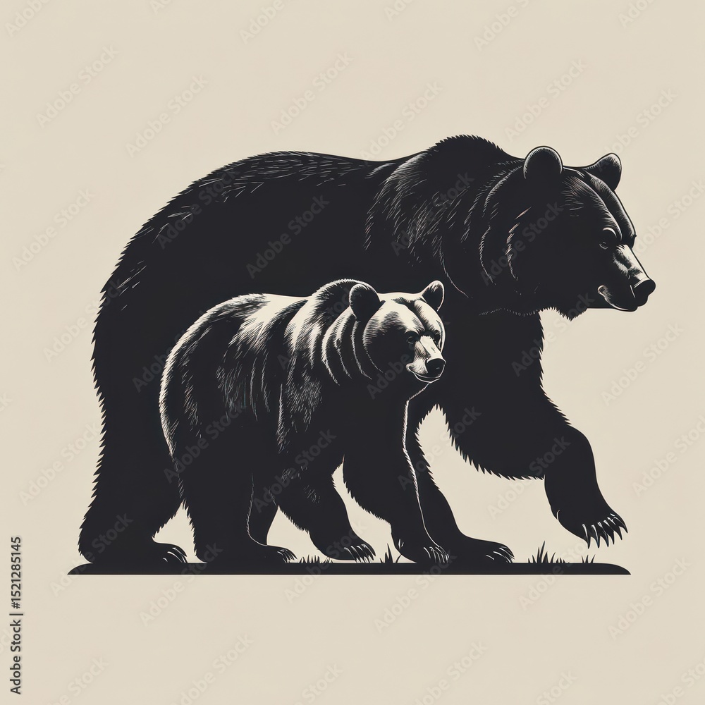 Obraz premium Two bears, black silhouettes, walking
