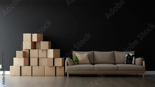 Modern living room with a grey sofa and stacked cardboard boxes against a black wall
