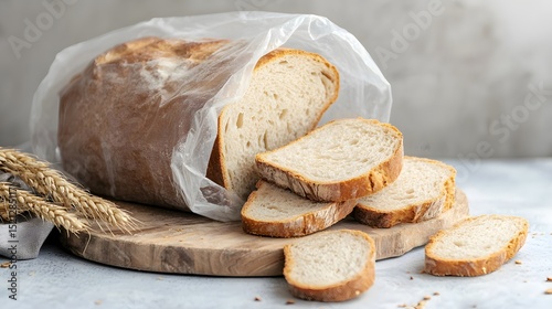 Freshly baked sourdough bread loaf slices on wooden board food photography and wheat stalks still life