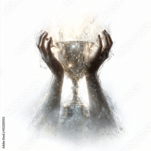 a shining trophy being lifted by glowing hands surrounded by ethereal energy waves isolated on white background