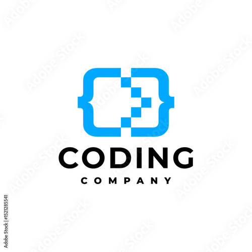 illustration of a coding shape with a pixel shape. logo template for technology industries.
