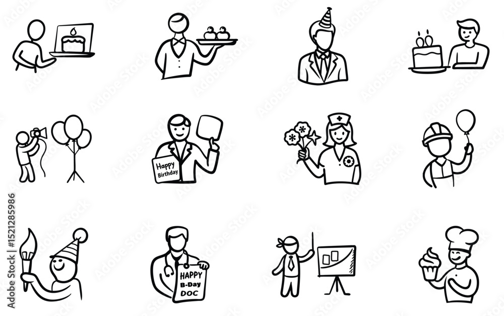 Set of 12 Hand-Drawn Doodle Icons Depicting Professions Celebrating Birthday Set of 12 Hand-Drawn Doodle Icons Depicting Professions Celebrating Birthday