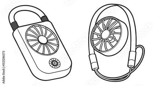 Two portable fans one with a handle and the other with a neckband in a black and white line drawing style