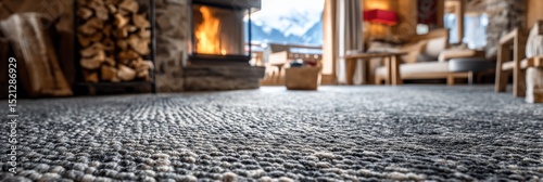 wool carpet texture with blurry mountain lodge behind