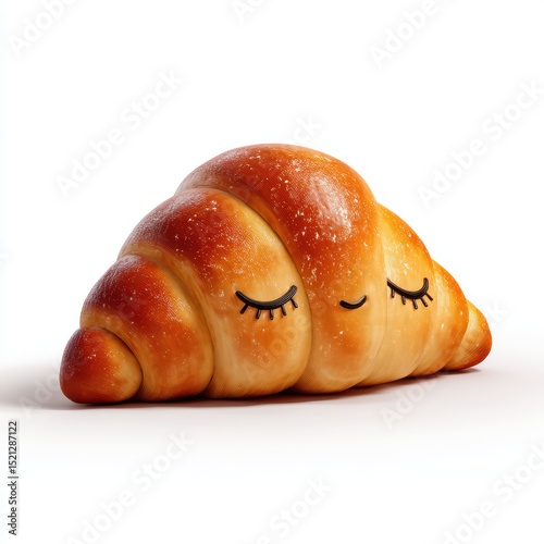 3D icon of a croissant with sleepy eyes and a soft smile, isolated on white
