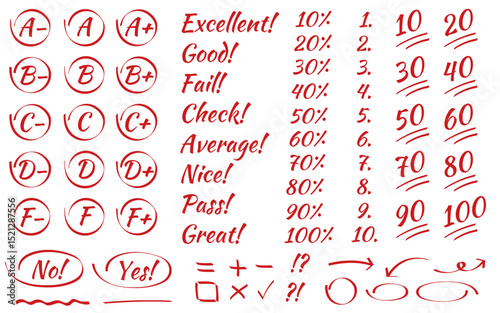 Exam score and grade marks set. English test exam red pen mark. School teacher test. Exam scores and grades in doodle outline hand drawn style.