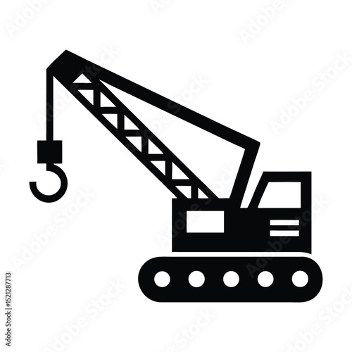Construction Crane Icon – Black and White Heavy Machinery Symbol with Boom, Hook, and Load