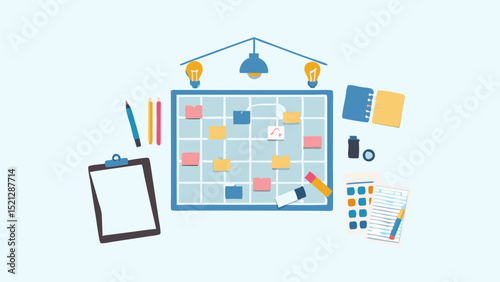 Illustration of a planning board with sticky notes surrounded by office supplies and lightbulbs