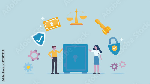 Illustration of people with a safe, scales, gavel, lock, shield and other security icons around it