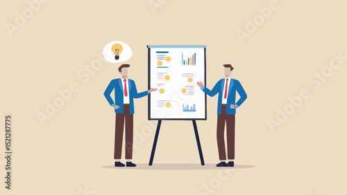 Two business men presenting a chart with data and one with a light bulb idea on a beige background