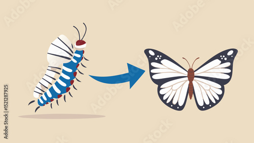 Illustration showing the transformation of a caterpillar into a butterfly with an arrow pointing