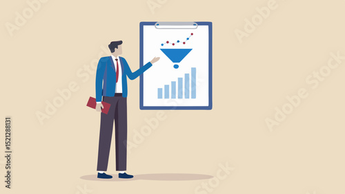 Man in suit presenting a sales funnel and bar graph on a clipboard against a beige background
