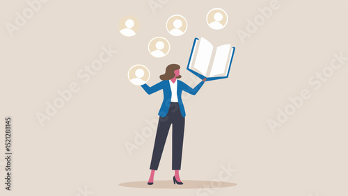 Woman in blue blazer holding open book with floating head icons on a light beige background art
