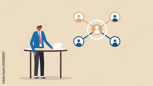 Illustration of a man working on a laptop with a network of connected people in the background