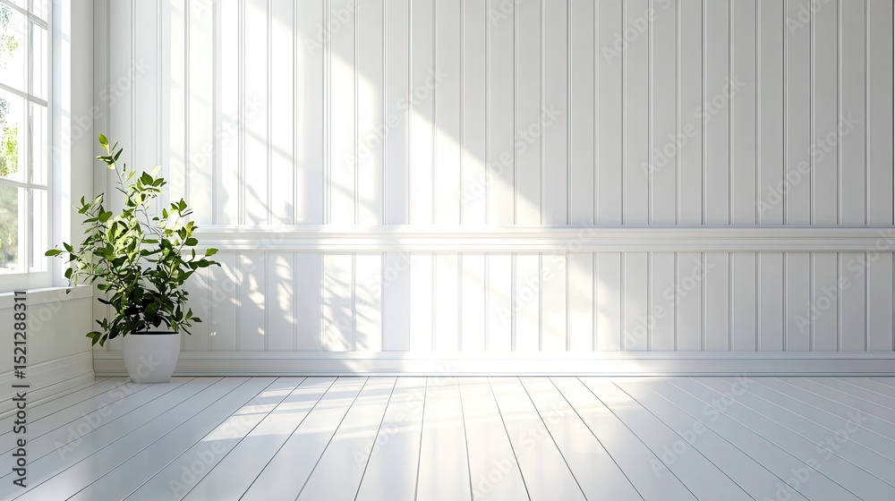 Fototapeta premium Natural light illuminates indoor space with minimalist plant display white background contemporary art