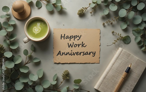 Happy Work Anniversary Greeting Card with Matcha Latte and Eucalyptus. A flat lay featuring a kraft paper card that reads 