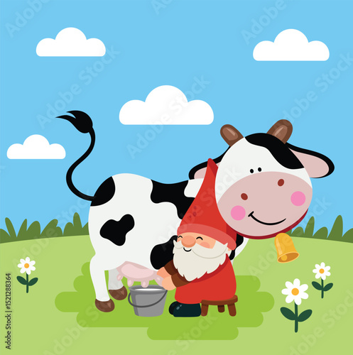 Friendly Gnome Milking a Happy Cow