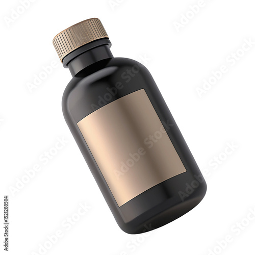 A black bottle with a gold cap and a blank gold label against a black background in a studio shot