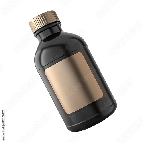 A glossy black bottle with a gold cap and a blank label set against a black background angled slightly