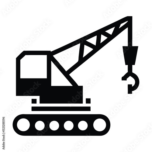 Construction Crane Icon – Black and White Heavy Machinery Symbol with Boom, Hook, and Load