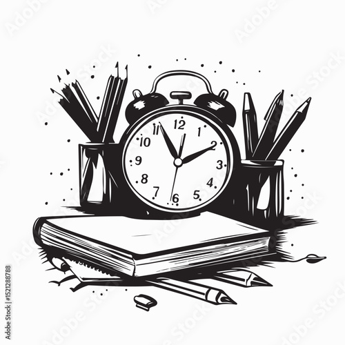 School Books Pencils Alarm Clock Image Vector Isolated on white background.