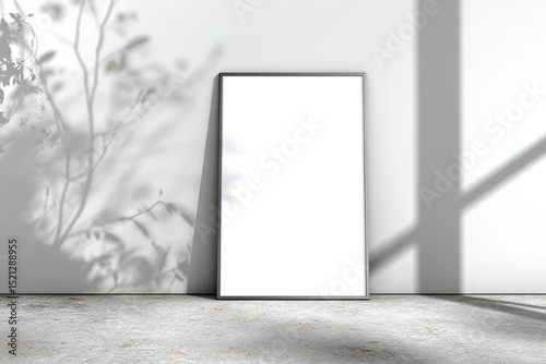 A vertical poster mockup with plant shadows on a concrete wall for minimalist branding
