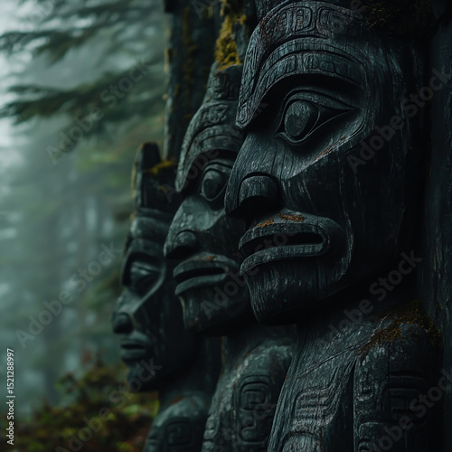 Rows of intricately carved ancient wooden poles, with detailed facial expressions and wrapped in weathered black paint, showcase traditional Aboriginal craftsmanship.
