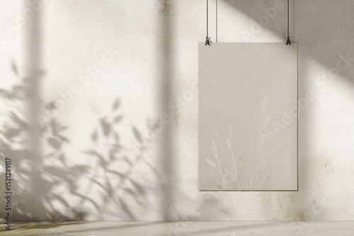 A vertical poster mockup with plant shadows on a concrete wall for minimalist branding
