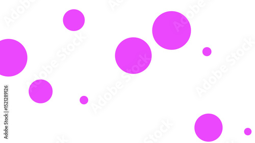 A playful design featuring various sizes of vibrant pink circles scattered on a white background.