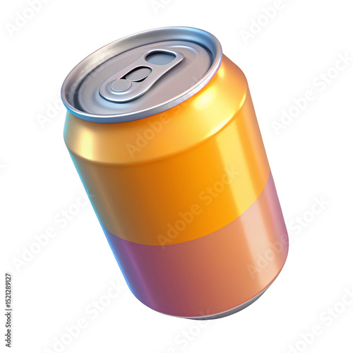 A stylized orange and purple soda can with a silver top against a black isolated background view angled