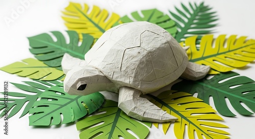 Turtle papercraft origami animal art tropical leaves handmade craft design low poly sculpture fauna reptile