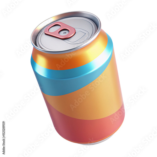 A stylized soda can with orange red and blue stripes and a silver top on a black background isolated