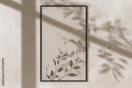 A vertical poster mockup with plant shadows on a concrete wall for minimalist branding
