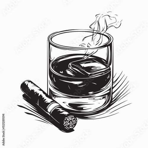 Cigar Resting On Glass Whiskey Ice Vector image isolated on white background