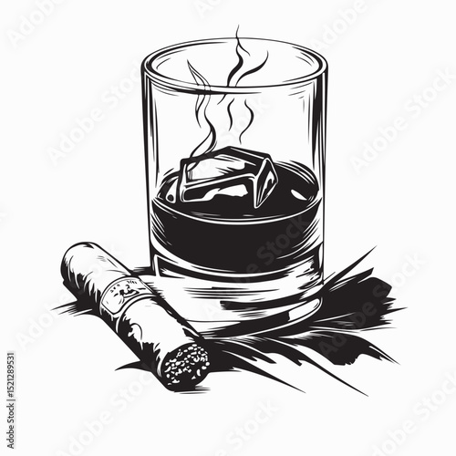 Cigar Resting On Glass Whiskey Ice Vector image isolated on white background