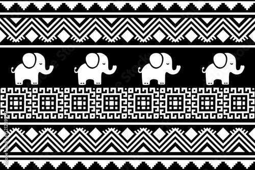 Traditional Thai tribal black and white pattern with elephants and geometric shapes. Symmetrical and detailed folk art design ideal for textiles, wallpapers, or cultural graphic projects.
