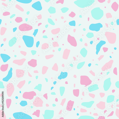 A vibrant, pastel-colored pattern featuring soft pink and blue shapes scattered across a light background, creating a playful and dreamy abstract design