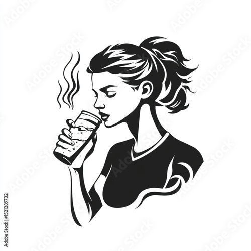 Sportswoman drinking water after workout session image vector isolated on white background.