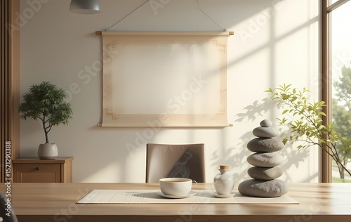 Calm and Interior Mockup with Blank Scroll. A tranquil, sunlit interior scene showcasing a minimalist Zen-style room.