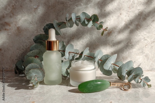 Skincare product layout with natural elements on marble for wellness branding

